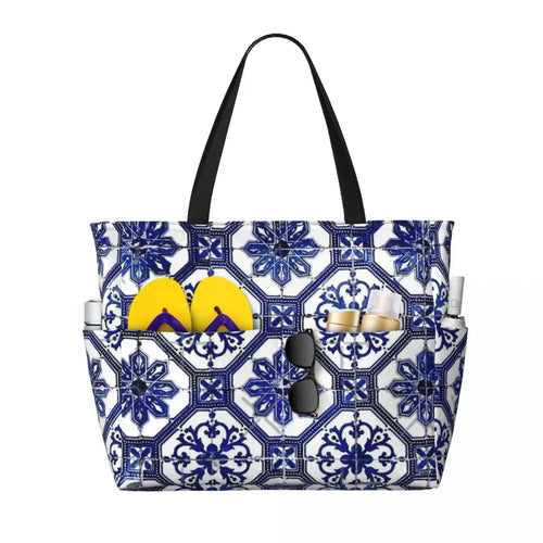 Grand sac de plage portugais bleu et blanc 